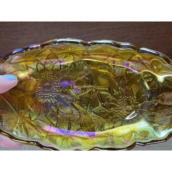 Vtg Retro Sunflower Floral Amber Lustre Glass Candy Dish Relish Condiment - Picture 2 of 10